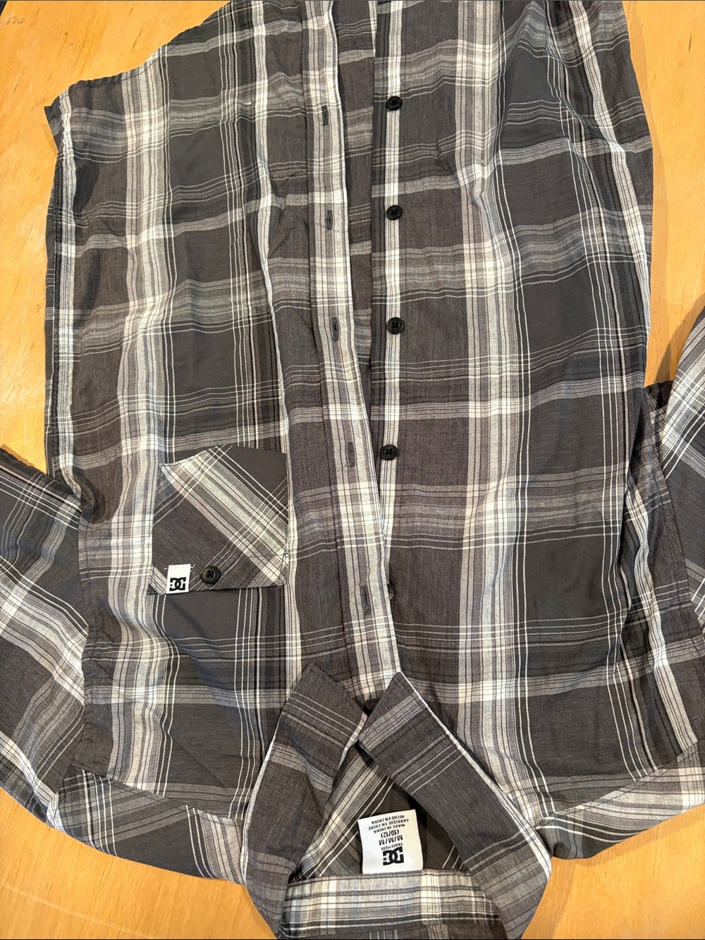 DC Men’s Black and Gray Plaid Button-Down Shirt